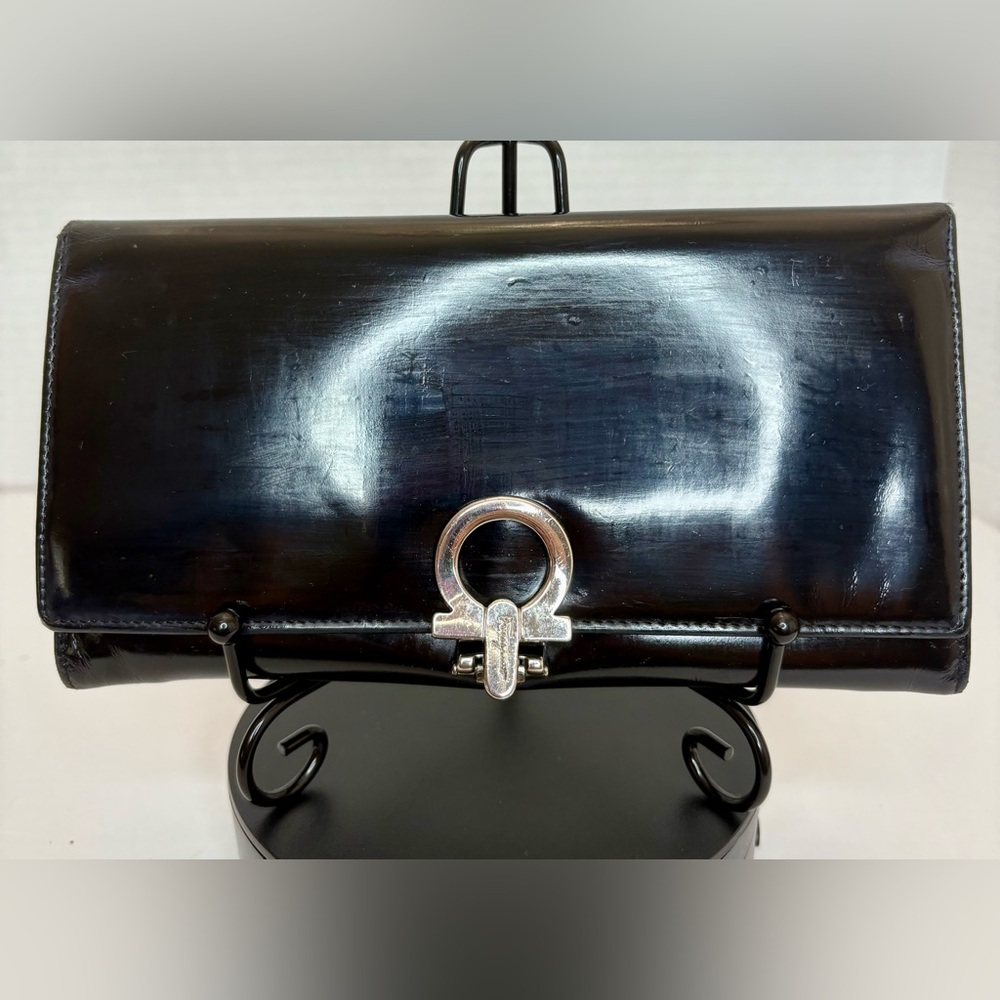 Salvatore Ferragamo Black Patent Leather Clutch with Silver Gancini Hardware